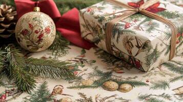 Christmas Ornament, Wrapped Gift, and Pine Sprigs on a Festive Tabletop photo