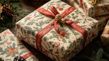 A Christmas gift box wrapped in holly-patterned paper with a red ribbon and gold bells photo