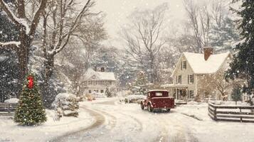 A Snowy Winter Scene with a Red Truck, a Christmas Tree, and a House photo