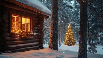 A Cozy Cabin in a Snowy Winter Forest with a Lit Christmas Tree photo