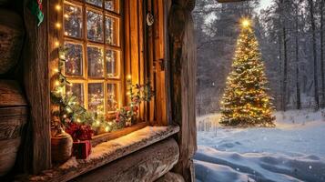 A Cabin Window View of a Snow-Covered Forest with a Decorated Christmas Tree photo