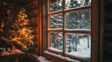 Snowy Window View with Christmas Tree and Lights photo