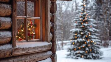 A Wooden Cabin Window View of a Decorated Christmas Tree in a Snowy Forest photo