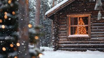 A Snowy Cabin Window with a Christmas Tree Inside photo