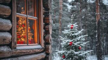 A Lit Christmas Tree Seen Through a Window in a Wooden Cabin During a Snowfall photo