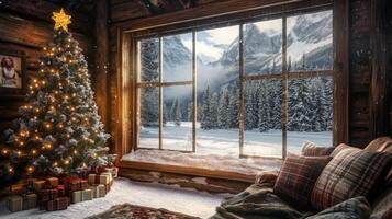 A Cozy Cabin Interior with a Christmas Tree and a View of a Snowy Mountain Landscape photo