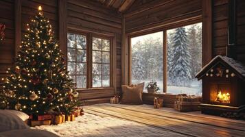 Cozy Christmas Cabin with a Decorated Tree, Fireplace, and Snowy Window View photo