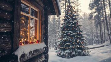 Snowy Cabin Window with View of Decorated Christmas Tree in Forest photo