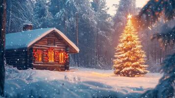 Cozy Cabin and Glowing Christmas Tree in Snowy Forest photo