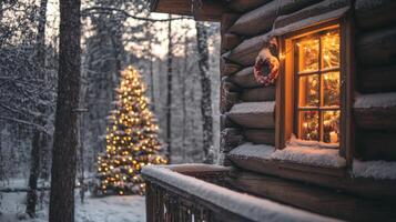 Snowy Cabin Window with Christmas Tree and Lights photo