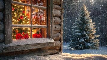 Festive Window View of a Christmas Tree with Lights and Ornaments in a Snowy Cabin photo