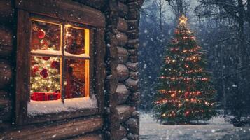 Snowy Cabin Window View of a Decorated Christmas Tree photo