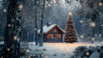 A Cozy Cabin in the Snow-Covered Forest with a Decorated Christmas Tree photo