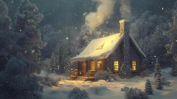 Cozy Cabin in a Snowy Forest with a Warm Glow photo