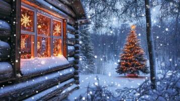 Snowy Cabin with Illuminated Christmas Tree and Window Decorations photo