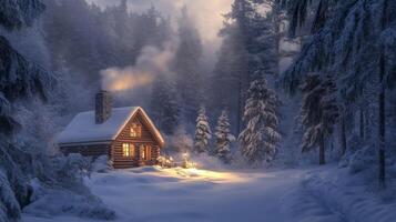 A Cozy Cabin in a Snowy Forest at Twilight photo