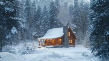 Cozy Cabin Nestled in a Snowy Forest photo