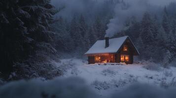 A Cozy Cabin in a Snowy Forest with Smoke Rising from the Chimney photo