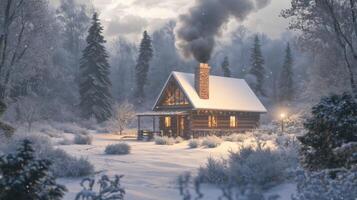 A Cozy Log Cabin in a Snowy Winter Forest photo