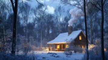 A Cozy Cabin in a Snowy Forest with Smoke Rising from the Chimney photo