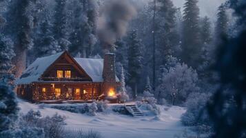 A Cozy Log Cabin Nestled in a Snowy Forest photo