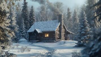 A Cozy Log Cabin in a Snowy Winter Forest photo