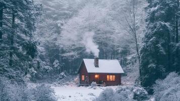 Cozy Log Cabin in a Snowy Forest with Smoke Rising from the Chimney photo