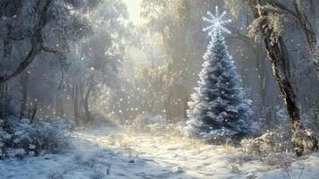 A Snowy Forest Path With a Decorated Christmas Tree photo