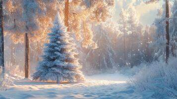 Solitary Pine Tree in a Snowy Forest at Sunset photo