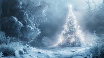 A Single Luminous Christmas Tree in a Snowy Forest photo