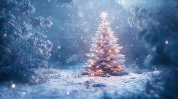 Illuminated Christmas Tree in a Snowy Forest photo