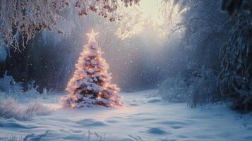 A Christmas Tree Illuminated in a Snowy Winter Forest photo