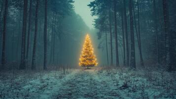 A Single Lit Christmas Tree in a Foggy Winter Forest photo