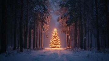 A Lighted Christmas Tree in a Snowy Forest at Night photo