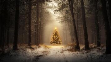 A Luminous Christmas Tree in a Snowy, Foggy Forest photo