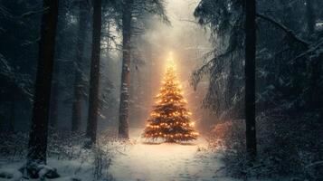 Illuminated Christmas Tree in a Snowy Forest photo