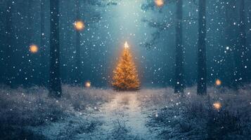 A Single Illuminated Christmas Tree in a Snowy Forest photo