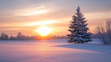 Solitary Snow-Covered Pine Tree at Sunset in a Snowy Field photo