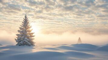 Snow-Covered Pine Tree in a Winter Landscape with a Sunlit Sky photo