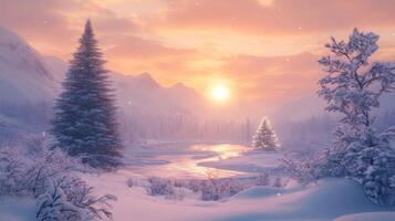 Snowy Mountain Landscape with a Serene River at Sunset photo