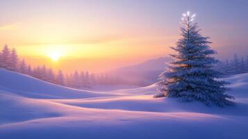 A Single Pine Tree Stands Tall in a Snowy Mountain Landscape at Sunset photo