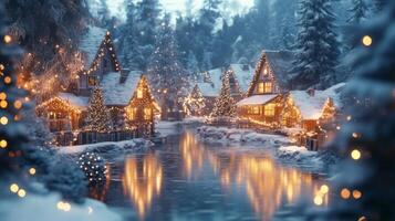 Snowy Village with Illuminated Houses and a Frozen River photo