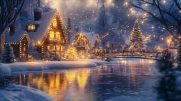 A Snowy Village with a Bridge and a River at Night photo