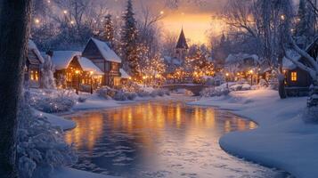 Snowy Village with River and Lights at Twilight photo