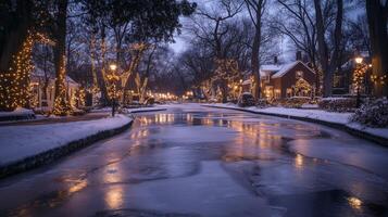 Frozen Canal Reflecting Christmas Lights in a Snowy Town photo