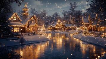 Snowy Village by a Frozen Lake with Christmas Lights photo