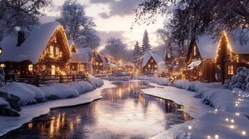Snowy Village Illuminated with Christmas Lights at Dusk photo