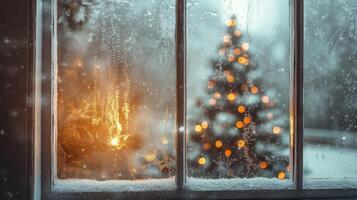 Frosted Window with Blurry Christmas Tree Lights in the Distance photo