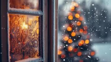 Frosted Window with Blurry Christmas Lights and Snow photo