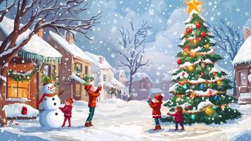 Children Enjoying a Snowy Christmas Day in a Winter Wonderland photo